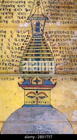 Népal : une peinture népalaise du grand stupa au temple Swayambhunath, Katmandou, 18e siècle. Swayambhunath est un ancien complexe religieux au sommet d'une colline dans la vallée de Katmandou, à l'ouest de la ville de Katmandou. Il est également connu sous le nom de Temple des singes car il y a des singes saints vivant dans certaines parties du temple dans le nord-ouest. Le nom tibétain du site signifie 'arbres sublimes' (Wylie:Phags.pa Shing.kun), pour les nombreuses variétés d'arbres trouvés sur la colline. Banque D'Images