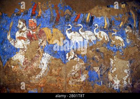 Ouzbékistan : grues et cavaliers. Détail d'une section des peintures murales de l'Afrasiab, c. 850 de notre ère. La peinture Afrasiab est un exemple rare de l'art sogdien Il a été découvert en 1965 lorsque les autorités locales ont décidé de construire une route au milieu du monticule de Afrāsiāb, l'ancien site de Samarkand pré-mongol. Il est maintenant conservé dans un musée spécial sur le monticule de Afrāsiāb. C'est la peinture principale que nous avons de l'art ancien sogdien La peinture remonte au milieu du 7e siècle de notre ère. Banque D'Images