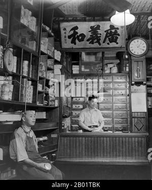 États-Unis : une épicerie chinoise à New York Chinatown. Photo de Marjory Collins (1912-1985), v. 1942. Le quartier chinois de Manhattan, qui abrite la plus grande enclave chinoise de l'hémisphère occidental, est situé dans le quartier de Manhattan à New York. Le quartier chinois de Manhattan est l'une des plus anciennes enclaves ethniques chinoises en dehors de l'Asie. Jusqu'aux années 1960, la majorité de la population chinoise de Chinatown a émigré de la province de Guangdong et de Hong Kong, donc ils étaient des locuteurs natifs du cantonais, en particulier les dialectes cantonais et taishan. Une minorité de Hakka était également représentée. Banque D'Images