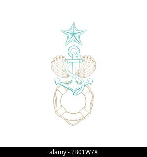 Dessin d'art marin, ligne d'or vecteur seashell, ancre de navire avec corde, étoiles de mer et bouée symbole abstrait. Dessin d'esquisse de style art nautique en turquoise et gravure en or pour imprimé t-shirt Illustration de Vecteur