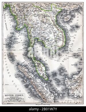 Asie du Sud-est : 'Hinter-Indien' ('plus loin l'Inde'), une carte de la Grande Indochine et de la partie occidentale de l'archipel malaisien-indonésien, Bibliographisches Institut de Leipzig, Allemagne, 1876. Carte physique montrant les frontières politiques approximatives en vert. Les états Shan et Lao sont représentés indépendamment (ou tributaires) du Siam. Chiang mai ('Tshien-mai' et Luang Prabang sont tous deux représentés situés dans les frontières d'un grand Siam, mais le territoire de Chiang mai s'étend plus au nord-ouest, dans l'État Shan de Birmanie, au-delà de la rivière Salween, qu'il ne le fait aujourd'hui. Banque D'Images