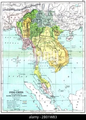 Asie du Sud-est : une carte britannique (Scottish Geographical Magazine) de la Grande Indochine et de la péninsule malaise, 1886. Une carte détaillée et remarquablement précise de la Birmanie, du Siam, du Vietnam, du Cambodge et de la Malaisie datant de 1886 et montrant le rectangle de la Birmanie indépendante autour de Mandalay - qui perdait son indépendance au profit de la Grande-Bretagne en 1885-1886 lorsque la carte a été publiée. Les États Shan birmans sont présentés comme sous influence birmane (bientôt remplacés par celui de la Grande-Bretagne). Banque D'Images