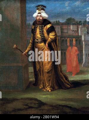 Turquie : un portrait du sultan ottoman Mahmud Ier (1696 - 1er juillet 1754). Huile sur toile de Jean Baptiste Vanmour (1671-1737), v. 1730-1737. Mahmoud Ier, connu sous le nom de Hunchback, était un sultan de l'Empire ottoman et un fils du sultan Mustafa II, régnant de 1730 à 1754. Il est devenu sultan après un coup d'État par des Janissaires rebelles qui ont forcé son oncle, le sultan Ahmed III, à abdiquer. Peu intéressé à gouverner, il délègue principalement à ses vizirs pour se concentrer sur l'écriture de poésie. Son règne a vu de nombreuses guerres en Perse et des conflits avec l'Europe. Banque D'Images