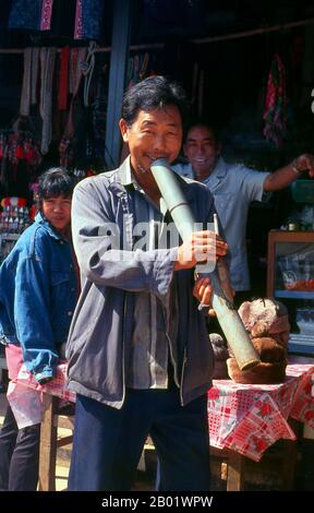 Thaïlande : Chin Haw Man fumant une pipe à Doi Mae Salong, province de Chiang Rai. Les muletiers chinois rudes et indomptables connus des Birmans sous le nom de Panthay, et des Thaï et des Lao sous le nom de Haw ou Chin Haw, étaient - et sont encore dans une certaine mesure - les maîtres du Triangle d'Or. Certes, ils étaient des commerçants par excellence, pénétrant dans les confins des territoires interdits comme les États de Wa, tandis que dans le même temps leurs caravanes muledoises, chargées de tout, des pierres précieuses et du jade aux poêles d'opium et de cuivre, marchaient jusqu'à Luang Prabang au Laos, Moulmein en Birmanie, Dali et Kunming. Banque D'Images