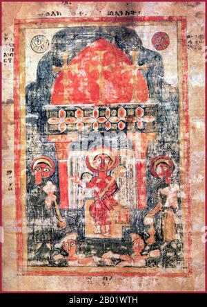 Ethiopie : L'Ascension représentée dans un Evangile éthiopien, XIVe siècle. Le christianisme en Éthiopie date du Ier siècle de notre ère, et cette longue tradition rend l'Éthiopie unique parmi les pays d'Afrique subsaharienne. Le christianisme dans ce pays est divisé en plusieurs groupes. La plus grande et la plus ancienne est l'Église orthodoxe éthiopienne Tewahedo qui est une église orthodoxe orientale en Éthiopie qui faisait partie de l'Église copte orthodoxe jusqu'en 1959, date à laquelle elle a obtenu son propre patriarche par le pape copte orthodoxe d'Alexandrie et le patriarche de toute l'Afrique Cyril VI. Banque D'Images