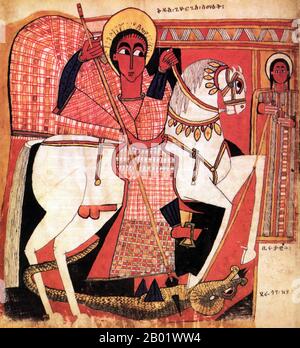 Ethiopie : Saint Georges sauvant la jeune dame de Beyrouth d'un dragon. Peinture sur parchemin, fin du XVIIe siècle. Le christianisme en Éthiopie date du Ier siècle de notre ère, et cette longue tradition rend l'Éthiopie unique parmi les pays d'Afrique subsaharienne. Le christianisme dans ce pays est divisé en plusieurs groupes. La plus grande et la plus ancienne est l'Église orthodoxe éthiopienne Tewahedo qui est une église orthodoxe orientale en Éthiopie qui faisait partie de l'Église copte orthodoxe jusqu'en 1959, date à laquelle elle a obtenu son propre patriarche par le pape copte orthodoxe d'Alexandrie et le patriarche de toute l'Afrique Cyril VI. Banque D'Images
