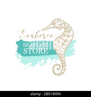 Dessin d'art vectoriel en ligne fine Seahorse pour le magasin de fruits de mer et le logo du marché du poisson. Cheval de mer à l'éclosion de crayon doré, calligraphie et texture d'esquisse sur fond de trait de peinture vert marin ou turquoise Illustration de Vecteur
