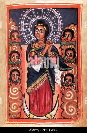 Ethiopie : L'Assomption de Marie. Peinture sur parchemin du Nagara Maryam (histoire et miracles de notre Dame Marie), Gondar, milieu du XVIIIe siècle. Le christianisme en Éthiopie date du Ier siècle de notre ère, et cette longue tradition rend l'Éthiopie unique parmi les pays d'Afrique subsaharienne. Le christianisme dans ce pays est divisé en plusieurs groupes. La plus grande et la plus ancienne est l'Église orthodoxe éthiopienne Tewahedo qui est une église orthodoxe orientale en Éthiopie qui faisait partie de l'Église orthodoxe copte jusqu'en 1959, date à laquelle elle a obtenu son propre patriarche par le pape orthodoxe copte d'Alexandrie. Banque D'Images
