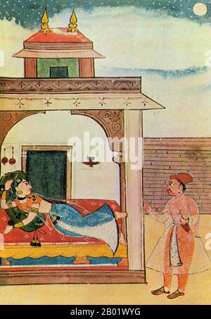 Inde : un homme visitant son amant la nuit. Peinture miniature Rajput de la Ragini Lalita, du milieu à la fin du XVIIe siècle. La peinture indienne a une très longue tradition et histoire en Inde Les premières peintures indiennes étaient les peintures rupestres de l'époque préhistorique, les pétroglyphes trouvés dans des endroits comme Bhimbetka, certains d'entre eux datant d'avant 5500 av. J.-C.. La littérature bouddhiste indienne regorge d'exemples de textes décrivant les palais des rois et la classe aristocratique agrémentés de peintures, mais les peintures des grottes d'Ajanta sont les plus significatives des rares survivants. Banque D'Images