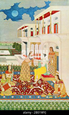 Inde : les amants Krishna et Radha en jeu. Jaipur, Rajasthan, fin du XVIIIe siècle. La peinture indienne a une très longue tradition et histoire en Inde Les premières peintures indiennes étaient les peintures rupestres de l'époque préhistorique, les pétroglyphes trouvés dans des endroits comme Bhimbetka, certains d'entre eux datant d'avant 5500 av. J.-C.. La littérature bouddhiste indienne regorge d'exemples de textes décrivant les palais des rois et la classe aristocratique agrémentés de peintures, mais les peintures des grottes d'Ajanta sont les plus significatives des rares survivants. Banque D'Images