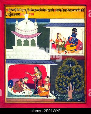 Inde : peinture miniature de la divinité hindoue Krishna et de son amant Radha se séparent et aspirent à la réunion, Royaume de Mewar, c. 1720. Dans la partie supérieure de la peinture, un compagnon intermédiaire de Radha rend visite à Krishna (bleu) pour lui dire que Radha aspire à lui et désire être réuni. Dans la partie inférieure de la peinture, une bouteille d'eau de rose est versée sur Radha pour refroidir la douleur brûlante de sa séparation d'avec Krishna. Le texte décrit la scène et a été traduit comme suit : «entendant son gémissement avec le pin brûlant de la séparation, j'ai vidé un flacon entier d'eau de rose sur elle...» Banque D'Images