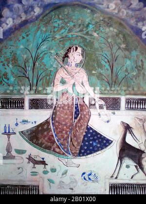 Inde : murale d'une femme pinçant pour son amant absent, avec seulement des oiseaux et des animaux pour lui tenir compagnie. Bundi, Rajasthan, XIXe siècle. Bundi est une ville et une municipalité de 93 258 habitants (2011) dans la région Hadoti de l'État du Rajasthan dans le nord-ouest de l'Inde. Il est d'une note architecturale particulière pour ses forts ornés, ses palais et ses réservoirs de puits de marches connus sous le nom de baoris. C'est le siège administratif du district de Bundi. Bundi Palace est situé sur la colline adjacente au fort de Taragarh et est remarquable pour ses peintures murales et fresques traditionnelles somptueuses. Banque D'Images