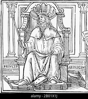 Ouzbékistan/Italie : Abū ʿAlī al-Ḥusayn ibn ʿAbd Allāh ibn Sīnā (c. 980-1037), communément connu sous le nom d'Ibn Sīnā ou sous son nom latinisé Avicenne, dépeint comme 'Princeps Abinsceni'. Gravure sur bois, 1520. Ibn Sīnā était un polymathe persan, qui a écrit près de 450 traités sur un large éventail de sujets, dont environ 240 ont survécu. En particulier, 150 de ses traités survivants se concentrent sur la philosophie et 40 d'entre eux se concentrent sur la médecine. Ses œuvres les plus célèbres sont 'le Livre de la guérison', une vaste encyclopédie philosophique et scientifique, et 'le Canon de la médecine', qui est devenu un texte médical standard. Banque D'Images