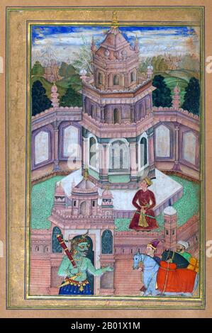 Inde/Iran/Pakistan : Prince Sassanid Bahram Gur dans le Pavillon du bois de santal. Lahore, fin du XVIe siècle. Bahram V (406-438) était le quatorzième roi sassanide de Perse (R. 421-438). Aussi appelé Bahram Gur ou Bahramgur, il était un fils de Yazdegerd Ier (R. 399-421), après sa mort subite (ou assassinat), il a gagné la couronne contre l'opposition des grands avec l'aide de Mundhir, le dynaste arabe d'al-Hirah. Le poème a été illustré dans un manuscrit probablement produit à Lahore à la fin du XVIe siècle qui est associé au patronage d'Akbar (R. 1556-1605). Banque D'Images