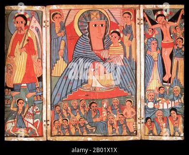 Ethiopie : Marie avec l'enfant Christ ; Christ avec les douze Apôtres ; la Crucifixion ; Joseph et Nicodème avec le corps du Christ ; Christ élevant Adam, divers saints. Triptyque in tempera, v. 17ème siècle. Le christianisme en Éthiopie date du Ier siècle de notre ère, et cette longue tradition rend l'Éthiopie unique parmi les pays d'Afrique subsaharienne. Le christianisme dans ce pays est divisé en plusieurs groupes. La plus grande et la plus ancienne est l'Église orthodoxe éthiopienne Tewahedo qui est une église orthodoxe orientale en Éthiopie qui faisait partie de l'Église orthodoxe copte jusqu'en 1959. Banque D'Images