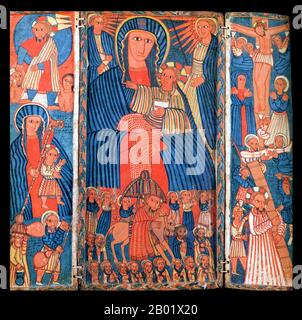 Ethiopie : Marie avec l'enfant Christ ; l'entrée du Christ à Jérusalem ; la Crucifixion ; Joseph et Nicodème avec le corps du Christ ; Christ portant la Croix ; fuite en Egypte (à gauche) ; Christ élevant Adam. Triptyque en tempera, XVIIe siècle. Le christianisme en Éthiopie date du Ier siècle de notre ère, et cette longue tradition rend l'Éthiopie unique parmi les pays d'Afrique subsaharienne. Le christianisme dans ce pays est divisé en plusieurs groupes. La plus grande et la plus ancienne est l'église orthodoxe éthiopienne Tewahedo qui est une église orthodoxe orientale en Éthiopie. Banque D'Images