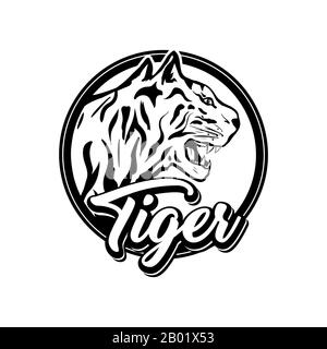 Modèle vectoriel de logotype Tiger dessiné à la main. Tête de prédateur monochrome noir et blanc dans un cadre rond avec lettrage. Illustration agressive de la tête de chat sauvage isolée sur fond blanc. Motif insigne Illustration de Vecteur