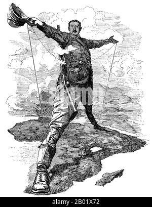 Angleterre/Afrique du Sud : 'le Rhodes Colossus'. Caricature de Cecil Rhodes (5 juillet 1853 - 26 mars 1902) par Edward Linley Sambourne (1844-1910), publiée dans Punch après que Rhodes ait annoncé des plans pour une ligne télégraphique et un chemin de fer du Cap au Caire, le 10 décembre 1892. Cecil John Rhodes était un homme d'affaires sud-africain d'origine anglaise, magnat des mines et homme politique. Il a été le fondateur de la société diamantaire de Beers, qui commercialise aujourd'hui 40 % des diamants bruts mondiaux et qui en commercialisait 90 %. Fervent partisan du colonialisme britannique, il fut le fondateur de l'État de Rhodésie. Banque D'Images