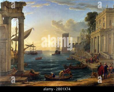 France : 'L'embarquement de la Reine de Sheba'. Huile sur toile de Claude Lorrain (1604/1605-1682), 1648. La peinture représente le départ de la reine de Sheba lors d'une visite au roi Salomon à Jérusalem, décrite dans le dixième chapitre du premier Livre des Rois. La reine porte une tunique rose, un manteau bleu royal et une couronne dorée, et est sur le point d'embarquer à bord d'un lancement d'attente pour l'emmener à son navire. Banque D'Images