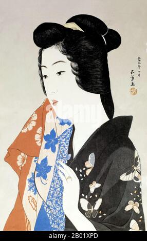 Japon : 'Geisha Hisae avec une serviette'. Ukiyo-e gravure sur bois de Goyo Hashiguchi (21 décembre 1880 - 24 février 1921), 1920. Goyō Hashiguchi est un peintre japonais et artiste de blocs de bois. Hashiguchi est né Hashiguchi Kiyoshi dans la préfecture de Kagoshima. Son père Hashiguchi Kanemizu était un samouraï et peintre amateur dans le style Shijo. Son père embaucha un professeur de peinture de style Kano en 1899 alors que Kiyoshi n'avait que dix ans. Kiyoshi prend le nom de Goyo alors qu'il fréquente l'École des Beaux-Arts de Tokyo, dont il est le meilleur diplômé de sa classe. Banque D'Images