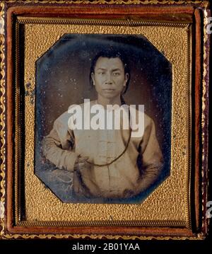 USA : Portrait d'un migrant chinois en Californie. Photo d'Isaac Wallace Baker, v. 1851. Le quartier chinois de San Francisco a été le point d'entrée des premiers immigrants chinois hoisanais et Zhongshanais de la province du Guangdong dans le sud de la Chine des années 1850 aux années 1900 La région était la seule région géographique détenue par le gouvernement de la ville et les propriétaires privés qui permettaient aux Chinois d'hériter et d'habiter des logements dans la ville. La majorité de ces commerçants chinois, propriétaires de restaurants et travailleurs embauchés dans le quartier chinois de San Francisco étaient majoritairement des Hoisanais et des hommes. Banque D'Images