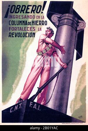 Espagne : ouvrier! Enrôlez-vous dans la colonne de fer et renforcez la Révolution!. Affiche, 1936-1937. La Confederación Nacional del Trabajo (CNT ; Confédération nationale du travail) est une confédération espagnole de syndicats anarcho-syndicalistes affiliés à l'Association internationale des travailleurs (IWA ; en espagnol : ait - Asociación Internacional de los Trabajadores). Lorsque vous travaillez avec ce dernier groupe, il est également connu sous le nom de CNT-ait. Historiquement, la CNT a également été affiliée à la Federación Anarquista Ibérica (Fédération anarchiste ibérique - FAI). À ce titre, elle était appelée CNT-FAI. Banque D'Images