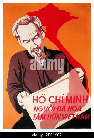 Vietnam : affiche de propagande communiste - 'Ho Chi Minh vit dans le cœur du peuple vietnamien'. La seconde guerre d'Indochine, connue en Amérique sous le nom de guerre du Vietnam, est un conflit militaire de la guerre froide qui a eu lieu au Vietnam, au Laos et au Cambodge du 1er novembre 1955 à la chute de Saïgon le 30 avril 1975. Cette guerre a suivi la première guerre d'Indochine et a été menée entre le Nord-Vietnam, soutenu par ses alliés communistes, et le gouvernement du Sud-Vietnam, soutenu par les États-Unis et d'autres Nations anti-communistes. Banque D'Images