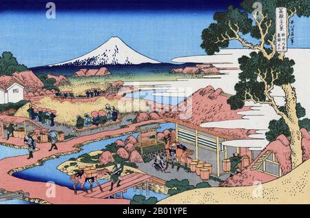 Japon : Mont Fuji vu de la plantation de thé de Katakura dans la province de Suruga. Estampe ukiyo-e tirée de la série '36 vues du mont Fuji' de Katsushika Hokusai (1760-1849), vers 1830. «Trente-six vues du mont Fuji» est une série «ukiyo-e» de grandes gravures sur bois en couleur de l'artiste japonais Hokusai. La série représente le mont Fuji dans différentes saisons et conditions météorologiques à partir d'une variété d'endroits et de distances. Il se compose en fait de 46 tirages créés entre 1826 et 1833. Les 36 premiers ont été inclus dans la publication originale et, en raison de leur popularité, 10 autres ont été ajoutés. Banque D'Images