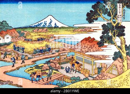 Japon : Mont Fuji vu de la plantation de thé de Katakura dans la province de Suruga. Estampe ukiyo-e tirée de la série '36 vues du mont Fuji' de Katsushika Hokusai (1760-1849), vers 1830. «Trente-six vues du mont Fuji» est une série «ukiyo-e» de grandes gravures sur bois en couleur de l'artiste japonais Hokusai. La série représente le mont Fuji dans différentes saisons et conditions météorologiques à partir d'une variété d'endroits et de distances. Il se compose en fait de 46 tirages créés entre 1826 et 1833. Les 36 premiers ont été inclus dans la publication originale et, en raison de leur popularité, 10 autres ont été ajoutés. Banque D'Images