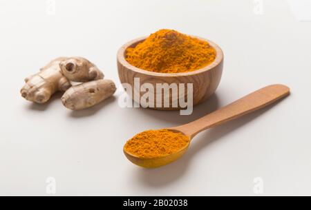 Poudre de curcuma longa Linn, curcuma, finement sèche Banque D'Images