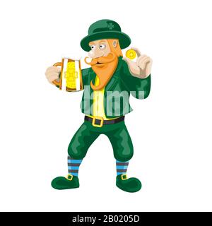 Cartoon St Patrick s Day, Leprechaun avec bière tasse une pièce sur un fond blanc isolé. Image vectorielle Illustration de Vecteur