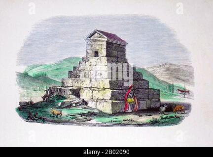 Iran/Perse : une guirlande perse près de la tombe de Cyrus le Grand (600-530 av. J.-C.) à Pasargadae. Gravure colorée de Ken Welsh, 1843. Cyrus II de Perse, également connu sous le nom de Cyrus le Grand ou Cyrus l'ancien, était le fondateur de l'Empire achéménide. Sous son règne, l'empire a embrassé tous les états civilisés précédents de l'ancien proche-Orient, s'est largement étendu et a finalement conquis la majeure partie de l'Asie du Sud-Ouest et une grande partie de l'Asie centrale et du Caucase. De la mer Méditerranée et de l'Hellespont à l'ouest jusqu'à l'Indus à l'est, Cyrus a créé le plus grand empire que le monde ait jamais vu. Banque D'Images