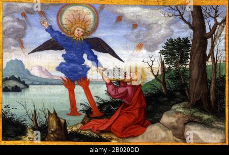 Allemagne : Jean consommant le Livre des révélations, Apocalypse 10:1-11. Miniature illuminée de la Bible ottheinrich par Matthias Gerung (1500-1570), v. 1530-1532. La Bible Ottheinrich a été commandée en 1425 par la Cour royale de Bavière. Le manuscrit exceptionnellement volumineux n'a été achevé qu'au siècle suivant, lorsque le peintre et graveur allemand Matthias Gerung s'est vu offrir 60 florins rhénans et des vêtements d'hiver pour illustrer le texte. La Bible porte le nom du bienfaiteur qui a soutenu son achèvement. Ottheinrich (1502-1559) était le prince de Neubourg. Banque D'Images