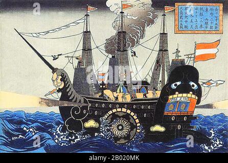 Japon : peinture japonaise de l'un des « navires noirs » du Commodore Perry dans la baie de Tokyo, 8 juillet 1853. L'expédition de Perry est une expédition navale et diplomatique américaine au Japon, impliquant deux voyages distincts à destination et en provenance du Japon par des navires de la marine américaine, qui ont eu lieu entre 1853 et 1854. L'expédition était commandée par le commodore Matthew Calbraith Perry (1794-1858). Elle aboutit à l'ouverture du Japon au commerce américain et international et à l'établissement de relations diplomatiques entre le Japon et les « grandes puissances » occidentales. Banque D'Images