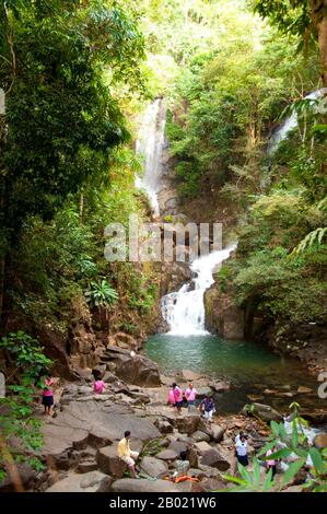 Thaïlande : cascade de Phlio, parc national Nam Tok Phlio (Phliw), province de Chanthaburi. Le parc national Namtok Phlio a été désigné parc national en 1975 et appelé à l'origine parc national de Khao sa BaP. Il couvre une superficie de 135 km2 (52 milles carrés) et contient certaines des forêts tropicales les plus luxuriantes de Thaïlande. La faune du parc comprend 32 espèces de mammifères et 156 espèces d'oiseaux. Cerf aboyant, tigre, léopard et ours noir asiatique sont parmi ses plus grands habitants. Banque D'Images