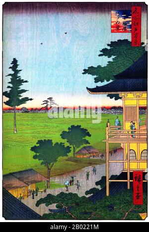 Japon : Sazaidō : la salle Sazaidō du temple des cinq cents Rakan. Image 66 de la partie 2 (été) de '100 vues célèbres d'Edo'. Gravure sur bois ukiyo-e par Utagawa Hiroshige (1797-1858), v. 1856-1859. Les cent vues célèbres d'Edo d'Hiroshige, composées de 118 scènes de paysage et de genre de la moitié du XIXe siècle à Tokyo, est l'une des plus grandes réalisations du japonais La série comprend de nombreux tirages les plus célèbres d'Hiroshige. Il représente une célébration du style et du monde de la plus belle floraison culturelle du Japon à la fin du shogunat Tokugawa. Banque D'Images