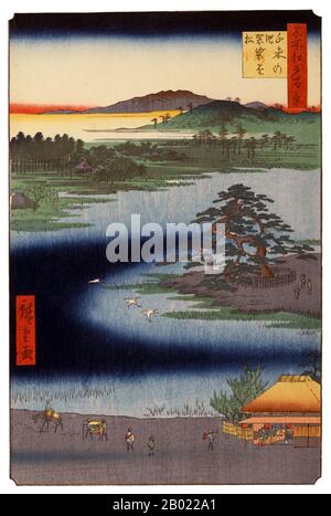 Les Cent Vues Célèbres d'Hiroshige d'Edo (名所江戸百景), en fait composé de 118 paysages de bois et de scènes de genre du milieu du XIXe siècle Tokyo, est l'une des plus grandes réalisations de l'art japonais la série comprend de nombreuses reproductions les plus célèbres d'Hiroshige. Il représente une célébration du style et du monde de la plus belle floraison culturelle du Japon à la fin du Shogunate Tokugawa. Le groupe d'hiver, numéros 99 à 118, commence par une scène de Temple Kinryūzan à Akasaka, avec un arrangement de couleur rouge-sur-blanc qui est réservé aux occasions propices. La neige signale immédiatement la saison et est le depi Banque D'Images