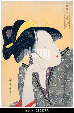 Kitagawa Utamaro (env. 1753 - 31 octobre 1806) était un peintre et graveur japonais, considéré comme l'un des plus grands artistes de gravures de bois (ukiyo-e). Il est surtout connu pour ses études magistralement composées de femmes, connues sous le nom de bijinga. Il a également produit des études sur la nature, notamment des livres illustrés d'insectes. Banque D'Images