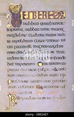 Irlande/Écosse : le Livre de Kells, c. 800 EC. Matthieu 28. Le Livre de Kells (en irlandais : Leabhar Cheanannais) (Dublin, Trinity College Library, MS A. I. (58), parfois connu sous le nom de Livre de Columba) est un livre de l'Évangile manuscrit enluminé en latin, contenant les quatre Évangiles du Nouveau Testament ainsi que divers textes et tableaux du Préfatoire. Il a été créé par des moines celtiques vers 800 ou un peu plus tôt. Le texte des Évangiles est largement tiré de la Vulgate, bien qu'il comprenne également plusieurs passages tirés des versions antérieures de la Bible connues sous le nom de Vetus Latina. Banque D'Images