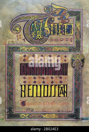 Irlande/Écosse : folio 114r, texte décoré. Tunc Dicit.. Le Livre de Kells, c. 800 EC. Le Livre de Kells (en irlandais : Leabhar Cheanannais) (Dublin, Trinity College Library, MS A. I. (58), parfois connu sous le nom de Livre de Columba) est un livre de l'Évangile manuscrit enluminé en latin, contenant les quatre Évangiles du Nouveau Testament ainsi que divers textes et tableaux du Préfatoire. Il a été créé par des moines celtiques vers 800 ou un peu plus tôt. Le texte des Évangiles est largement tiré de la Vulgate, bien qu'il comprenne également plusieurs passages tirés de versions antérieures de la Bible. Banque D'Images