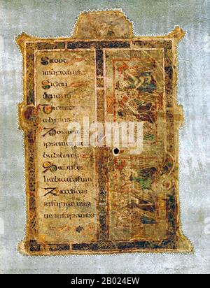 Irlande/Écosse : une page du Canon Eusabian. Le Livre de Kells, c. 800 EC. Le Livre de Kells (en irlandais : Leabhar Cheanannais) (Dublin, Trinity College Library, MS A. I. (58), parfois connu sous le nom de Livre de Columba) est un livre de l'Évangile manuscrit enluminé en latin, contenant les quatre Évangiles du Nouveau Testament ainsi que divers textes et tableaux du Préfatoire. Il a été créé par des moines celtiques vers 800 ou un peu plus tôt. Le texte des Évangiles est largement tiré de la Vulgate, bien qu'il comprenne également plusieurs passages tirés des versions antérieures de la Bible connues sous le nom de Vetus Latina. Banque D'Images