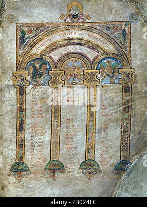 Irlande/Écosse : une page du Canon Eusabian. Le Livre de Kells, c. 800 EC. Le Livre de Kells (en irlandais : Leabhar Cheanannais) (Dublin, Trinity College Library, MS A. I. (58), parfois connu sous le nom de Livre de Columba) est un livre de l'Évangile manuscrit enluminé en latin, contenant les quatre Évangiles du Nouveau Testament ainsi que divers textes et tableaux du Préfatoire. Il a été créé par des moines celtiques vers 800 ou un peu plus tôt. Le texte des Évangiles est largement tiré de la Vulgate, bien qu'il comprenne également plusieurs passages tirés des versions antérieures de la Bible connues sous le nom de Vetus Latina. Banque D'Images