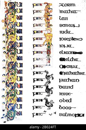 Irlande/Écosse : la généalogie du Christ. FOL. 200 R. le Livre de Kells, c. 800 EC. Le Livre de Kells (en irlandais : Leabhar Cheanannais) (Dublin, Trinity College Library, MS A. I. (58), parfois connu sous le nom de Livre de Columba) est un livre de l'Évangile manuscrit enluminé en latin, contenant les quatre Évangiles du Nouveau Testament ainsi que divers textes et tableaux du Préfatoire. Il a été créé par des moines celtiques vers 800 ou un peu plus tôt. Le texte des Évangiles est largement tiré de la Vulgate, bien qu'il comprenne également plusieurs passages tirés de versions antérieures de la Bible connues sous le nom de Vetus Latina. Banque D'Images