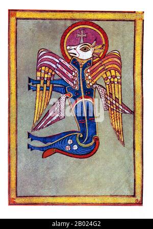 Irlande/Écosse : détail, symboles évangéliques. St Luc comme un boeuf. FOL. 27 V. le Livre de Kells, c. 800 EC. Le Livre de Kells (en irlandais : Leabhar Cheanannais) (Dublin, Trinity College Library, MS A. I. (58), parfois connu sous le nom de Livre de Columba) est un livre de l'Évangile manuscrit enluminé en latin, contenant les quatre Évangiles du Nouveau Testament ainsi que divers textes et tableaux du Préfatoire. Il a été créé par des moines celtiques vers 800 ou un peu plus tôt. Le texte des Évangiles est largement tiré de la Vulgate, bien qu'il comprenne également plusieurs passages tirés de versions antérieures de la Bible. Banque D'Images