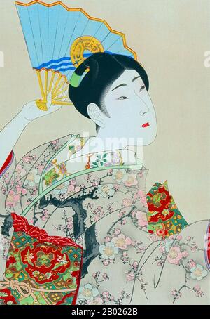 Japon : une femme tenant un ventilateur dans une position flamenco. Imprimé sur bois ukiyo-e de la série 'Very Beautiful Women (Shin Bijin)' de Toyohara Chikanobu (1838-1912), 1897. Toyohara Chikanobu, mieux connu de ses contemporains sous le nom de yōshū Chikanobu, est un artiste japonais de la période Meiji. Banque D'Images