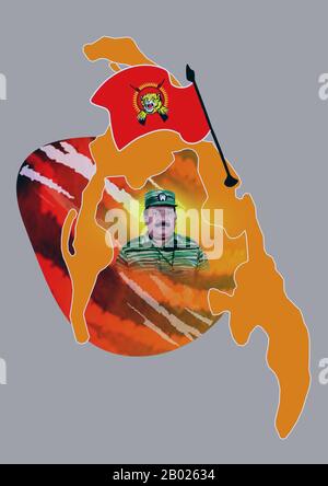 Sri Lanka : affiche de propagande sur le tigre tamoul (TLET) montrant le chef des TLET Velupillai Prabhakaran et le drapeau des TLET superposé aux revendications territoriales des TLET au Sri Lanka. Les Tigres de libération de l'Eelam tamoul, communément appelés LTTE ou Tigres tamouls, sont une organisation séparatiste autrefois basée dans le nord du Sri Lanka. Fondée en mai 1976 par Velupillai Prabhakaran, elle a mené une violente campagne sécessionniste visant à créer l'Eelam tamoul, un État indépendant dans le nord et l'est du Sri Lanka. Cette campagne a évolué vers la guerre civile sri-lankaise, qui a finalement pris fin en mai 2009. Banque D'Images
