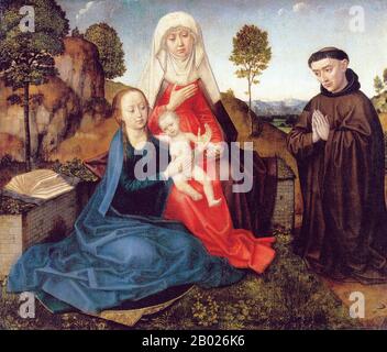 Pays-Bas/Hollande : 'la Vierge à l'enfant avec un fondateur franciscain'. Huile sur bois peinture de Hugo van der Goes (1440-1482), v. 1475. Hugo van der Goes était un peintre flamand. Il est, avec Jan van Eyck, Rogier van der Weyden, Hans Memling et Dieric bouts, l'un des plus importants peintres néerlandais. Banque D'Images