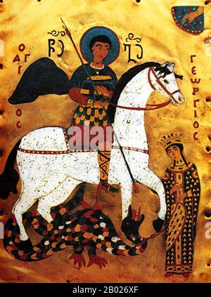 Géorgie : une plaque du XVe siècle représentant Saint George sauvant la fille de l'empereur. L'histoire de Saint Georges et du Dragon annexée à l'hagiographie de Saint Georges était d'origine orientale, ramenée avec les croisés et racontée avec les accessoires courtois appartenant au genre de la romance. Les premières représentations connues du motif datent de la Cappadoce du Xe ou XIe siècle et de la Géorgie du XIe siècle ; auparavant, dans l'iconographie de l'orthodoxie orientale, George était représenté comme un soldat depuis au moins le VIIe siècle. Banque D'Images