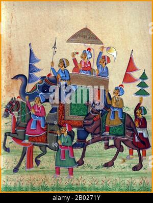 Inde : un souverain Rajput en procession sur dos d'éléphant, Rajasthan. Peinture à l'aquarelle miniature, v. XIXe siècle. Rajput (du sanskrit raja-putra, « fils d'un roi ») est un membre de l'un des clans patrilinéaires de l'ouest, du centre, du nord de l'Inde et de certaines parties du Pakistan. Ils prétendent être les descendants des classes dirigeantes de guerriers hindous de l'Inde du Nord. Rajputs a pris de l'importance au cours du vie au XIIe siècle. Jusqu'au XXe siècle, Rajputs régnait dans l'écrasante majorité des états princiers du Rajasthan et du Surashtra, où se trouvaient le plus grand nombre d'états princiers. Banque D'Images