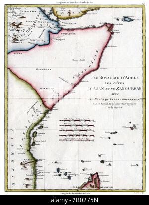 Afrique de l'est/Océan Indien : 'les côtes d'Ajan et de Zanguebar'. Carte de Rigobert M. bonne (1727-1795), Paris, 1787. La côte swahili désigne la côte ou la zone côtière de l'Afrique de l'est habitée par le peuple swahili, principalement le Kenya, la Tanzanie et le nord du Mozambique. Le terme peut également inclure les îles telles que Zanzibar, Pate ou Comores qui se trouvent au large de la côte swahili. La côte swahili a une culture, une religion et une géographie distinctes. Banque D'Images